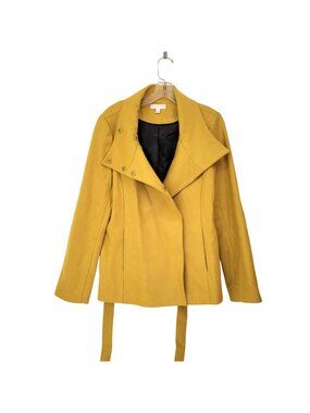 Kenar Mustard Yellow Double-Breasted Belted Coat L Wool Blend Women's Jacket Siz